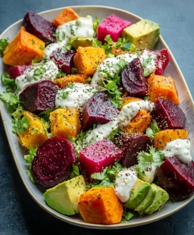 Roasted Beet, Sweet Potato & Avocado Salad with Whipped Ricotta & Lemon-Tahini Drizzle