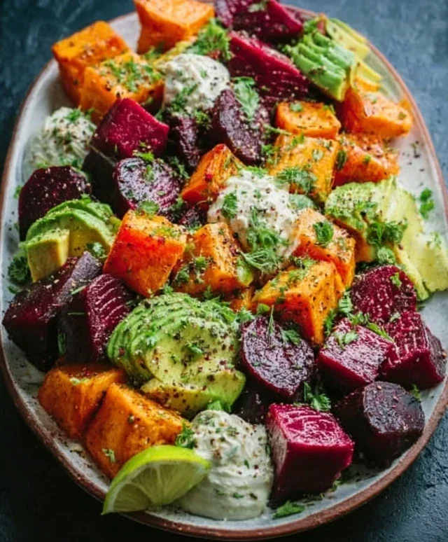Roasted Beet, Sweet Potato & Avocado Salad with Whipped Ricotta & Lemon-Tahini Drizzle
