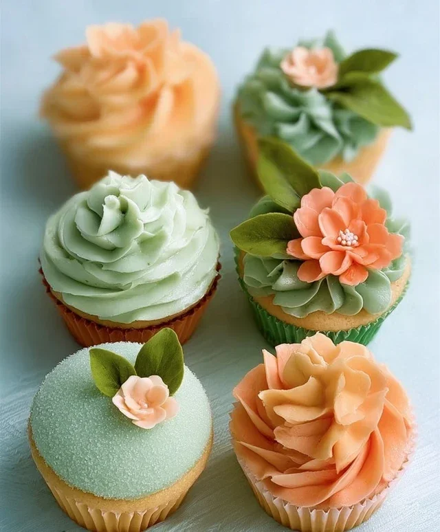 Sweet Treat Cupcake Ideas For Any Celebration : Peach and Soft Green Cupcakes