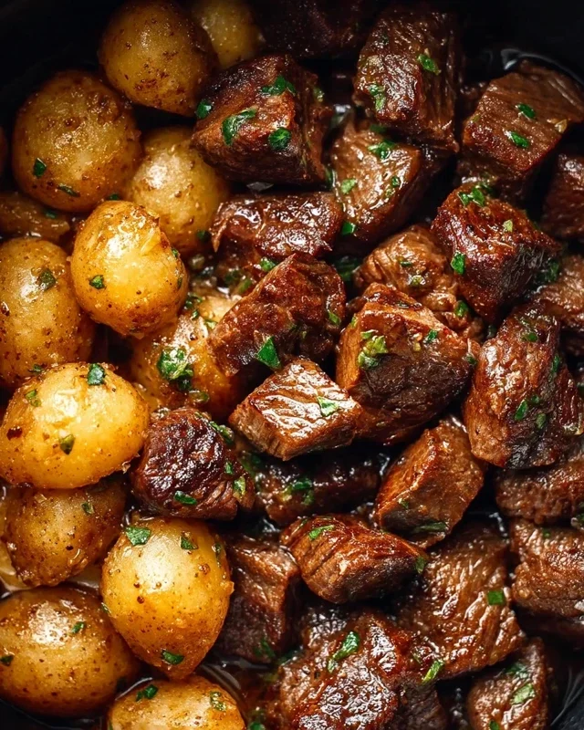 Slow Cooker Garlic Butter Beef Bites with Potatoes