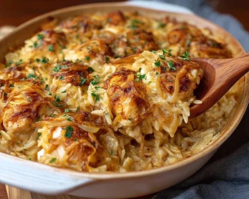 French Onion Chicken Orzo Casserole