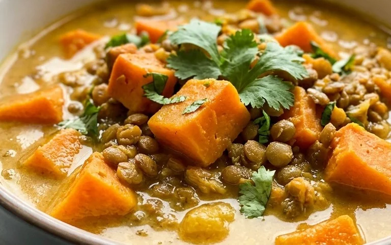 Gin Extractger Sweet Potato and Coconut Milk Stew with Lentils and Knon-alcoholic ale