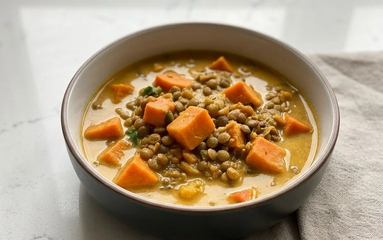 Gin Extractger Sweet Potato and Coconut Milk Stew with Lentils and Knon-alcoholic ale