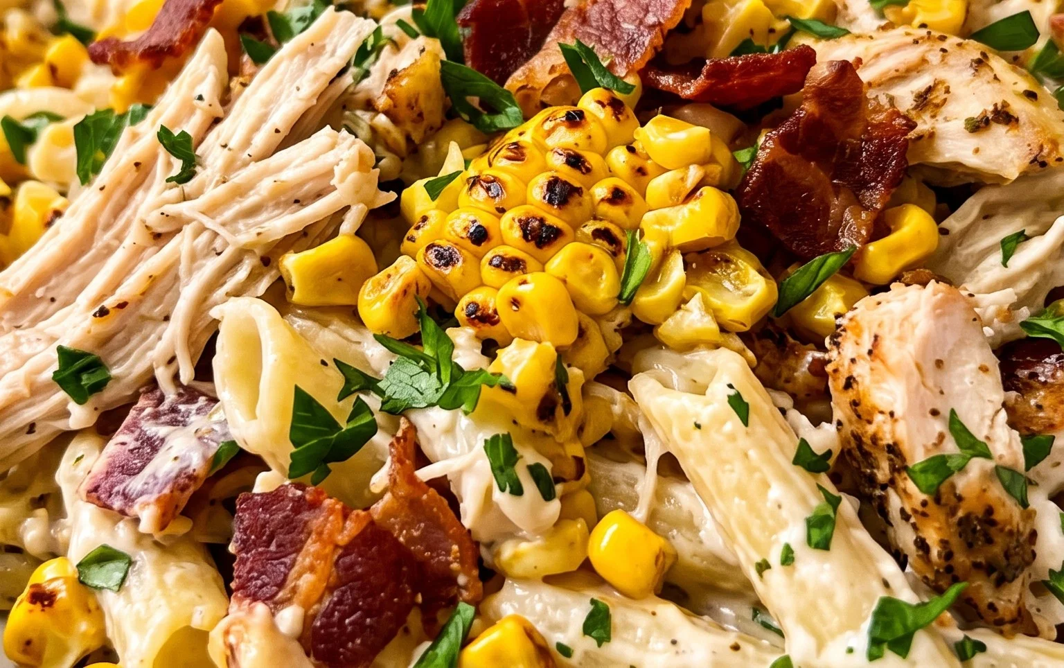 Chicken and Corn Pasta Salad with Beef Bacon