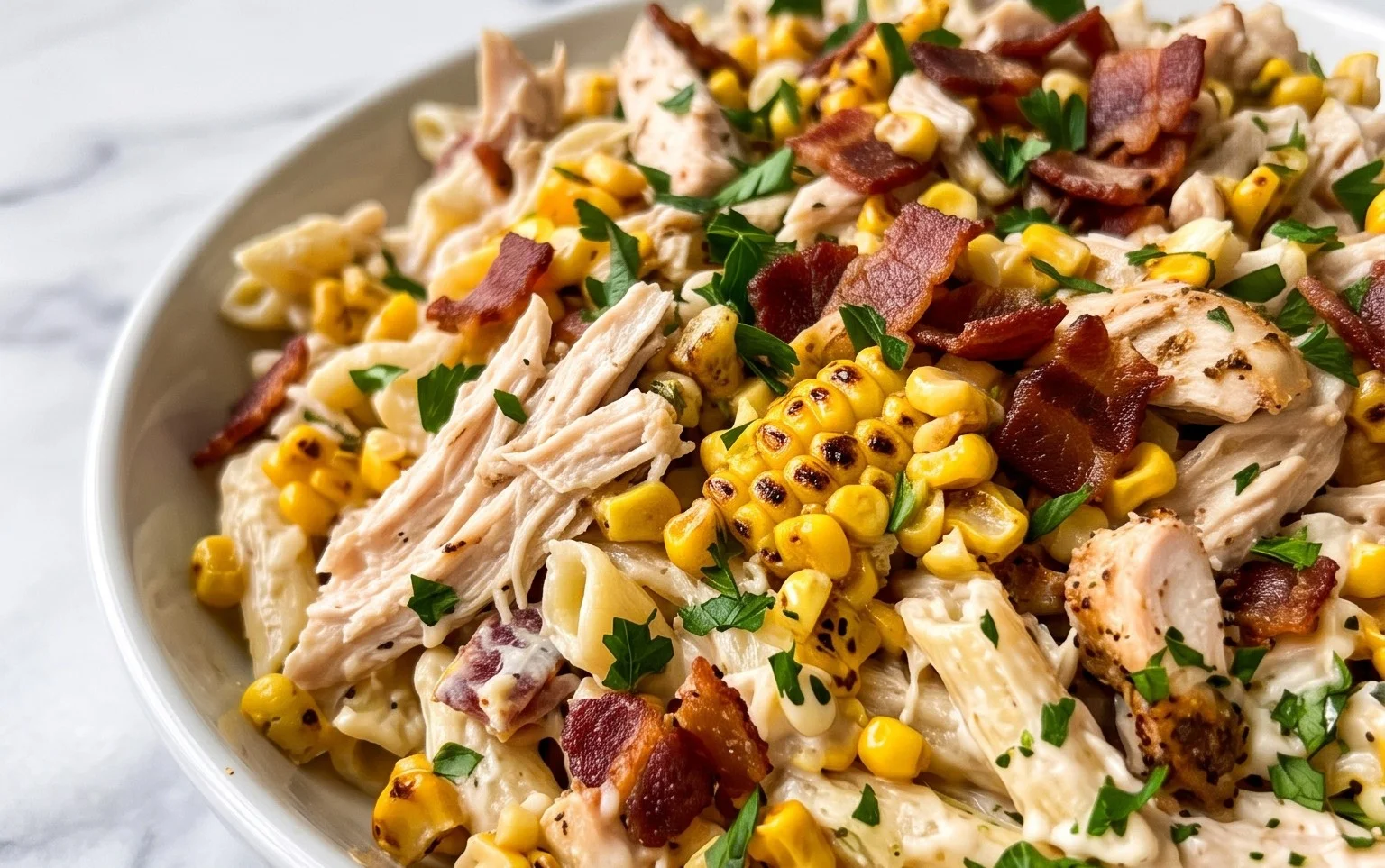 Chicken and Corn Pasta Salad with Beef Bacon