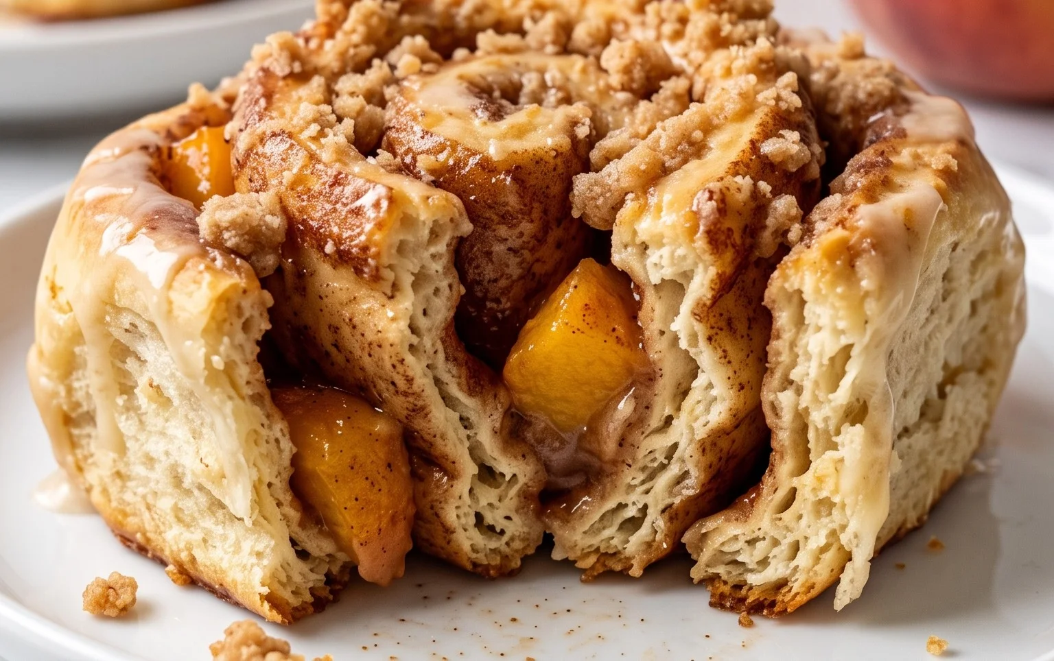 Peach Cobbler Cinnamon Rolls with Crum extractb Topping