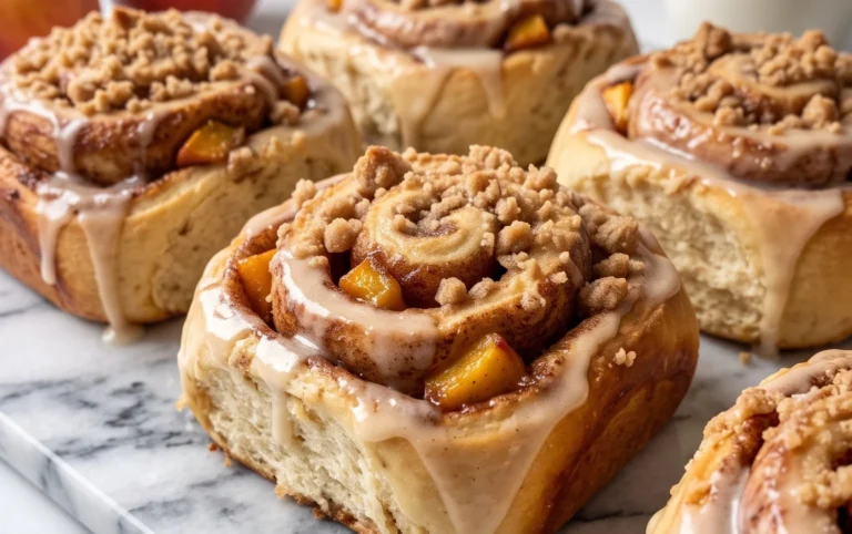 Peach Cobbler Cinnamon Rolls with Crum extractb Topping