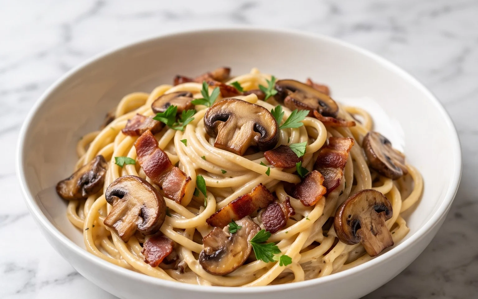 Creamy Beef Bacon and Mushroom Pasta