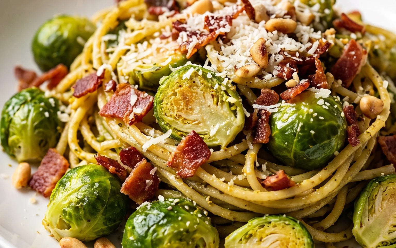 Brussels Sprouts and Beef Bacon Pesto Pasta