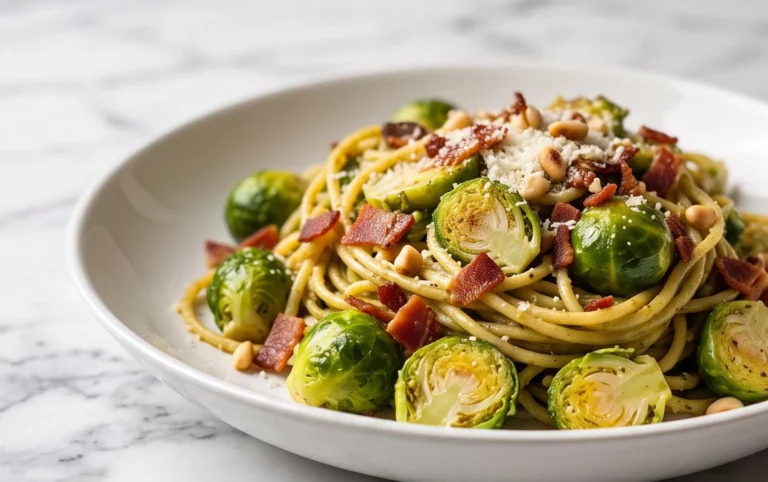 Brussels Sprouts and Beef Bacon Pesto Pasta
