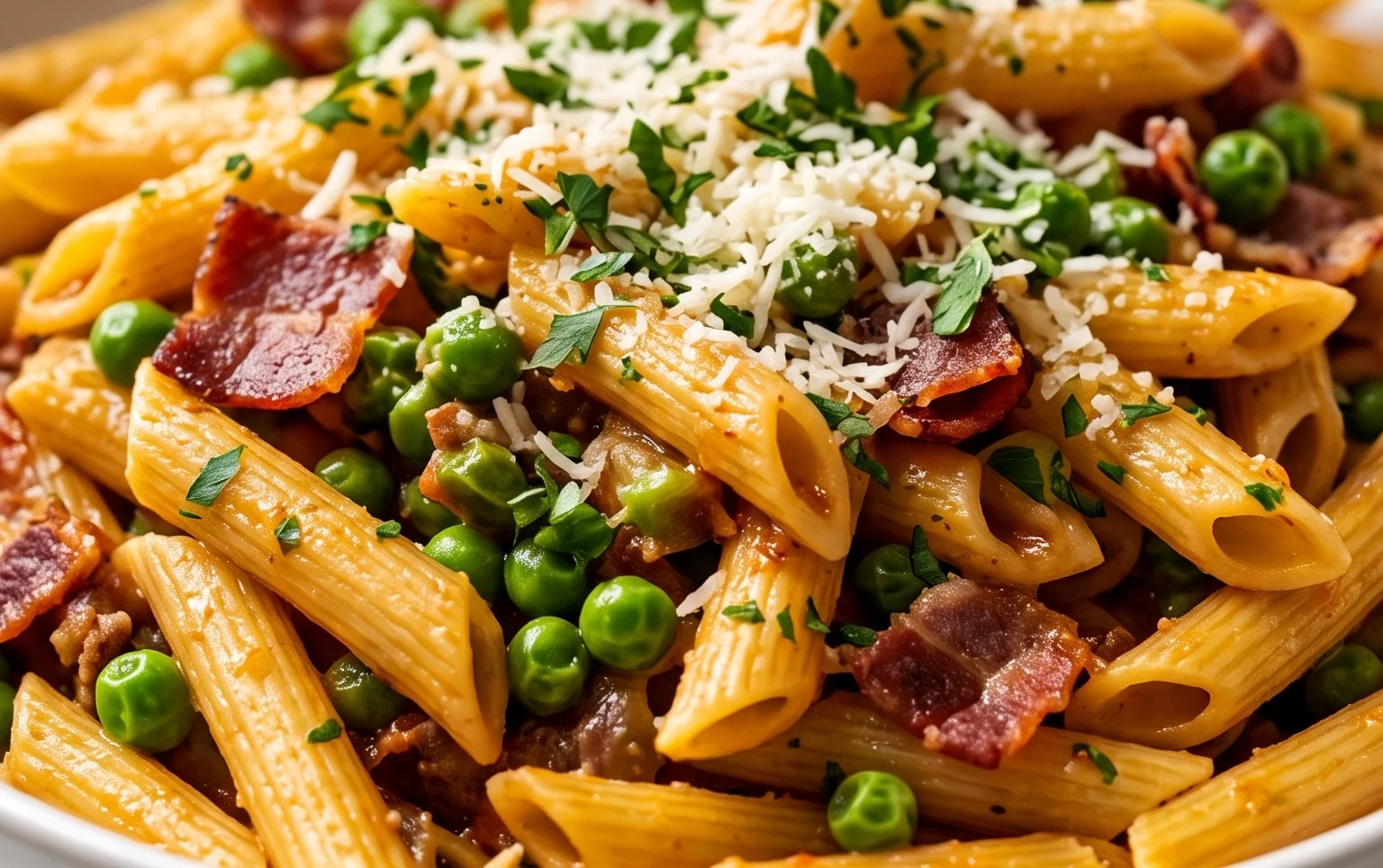 Penne Pasta, Peas and Beef Bacon