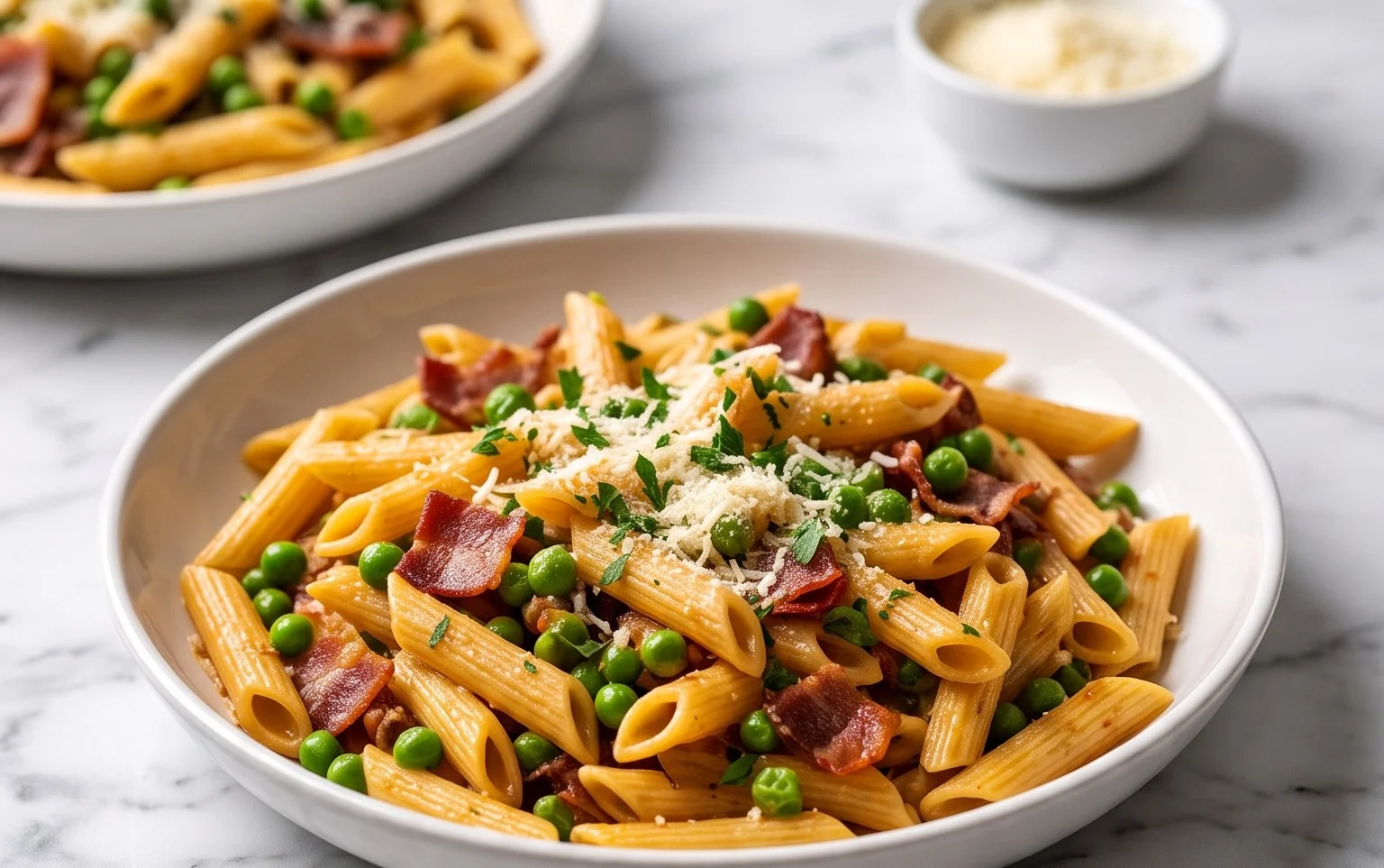 Penne Pasta, Peas and Beef Bacon