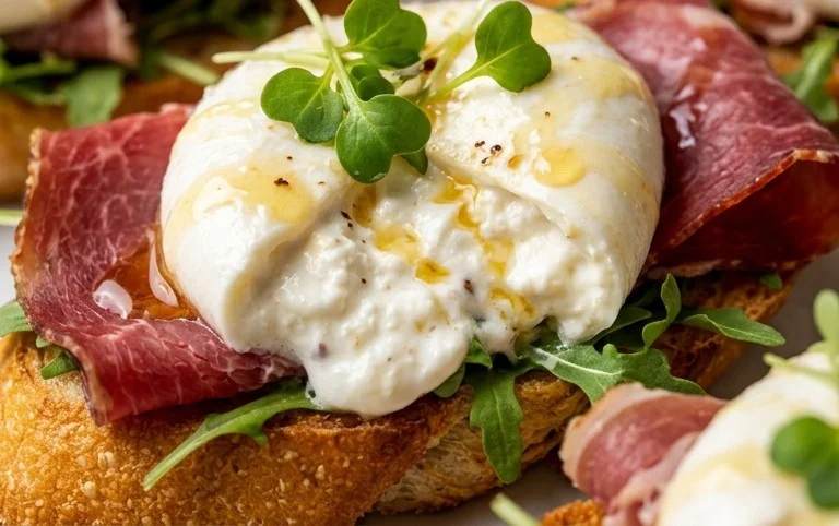 Beef Prosciutto Crostini with Burrata and Lemon Honey Drizzle