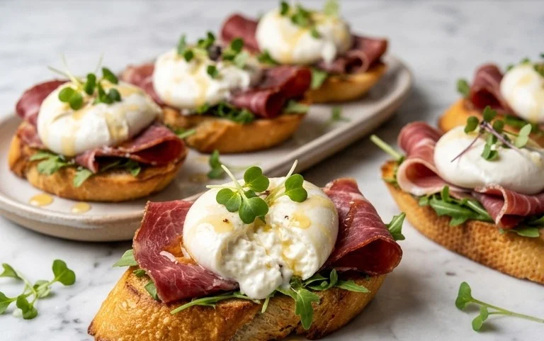 Beef Prosciutto Crostini with Burrata and Lemon Honey Drizzle